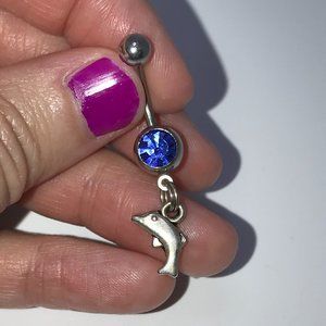 Sapphire Blue gem with Dolphin charm Dangle Belly Ring